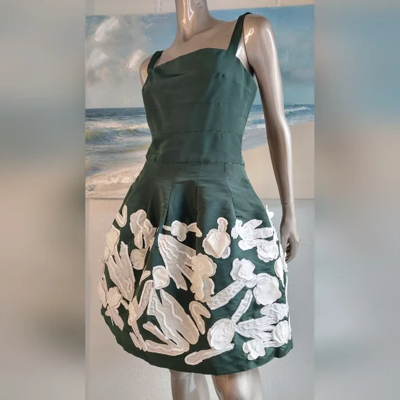 ❤️BUY2️⃣GET1️⃣🆓 $6,740 NEW OSCAR DE LA RENTA GREEN WHT SILK FLORAL DRESS 8 - Picture 5 of 15